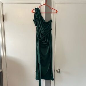 Women's Plus Size One Shoulder Belted Wrap High Waist Midi Dress Dark Green